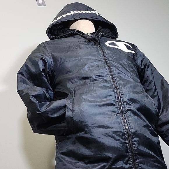 Champion Black Hooded Trench Coat Sylye Vintage Coat. 90s - Picture 4 of 12